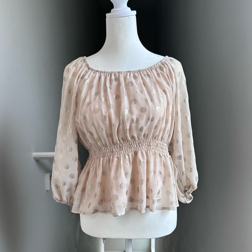 NWT Francesca’s Anett Ivory Sparkle Polka Dot Peplum Top XS Fairycore Whimsical - Picture 2 of 6